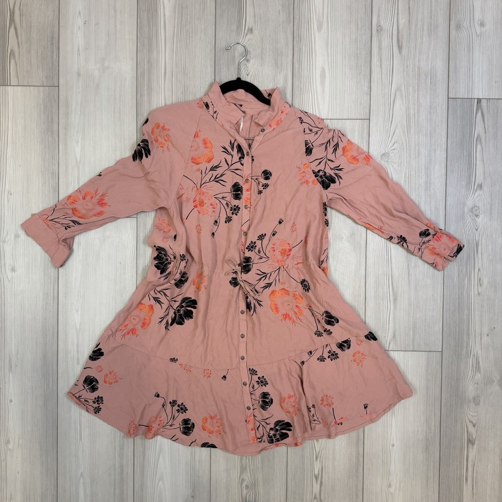 Free People Womens Small‎ Lena Pink Black Floral Long Sleeve Mini Shirt Dress